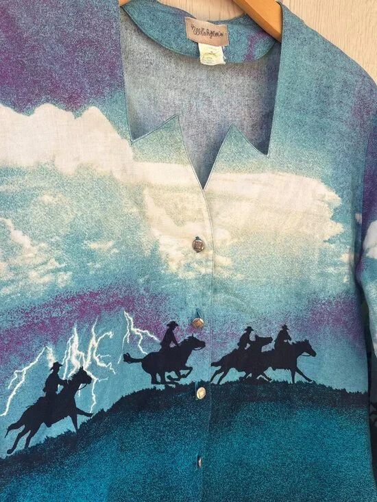 Vintage Wrangler Button Up Shirt Womens Medium Blue Western Cowgirl Rodeo Horses - Picture 4 of 8